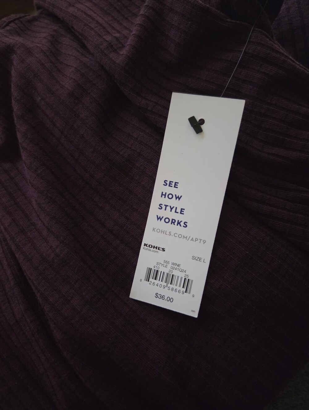 Apt. 9 Women's Ribbed Long-Sleeve Twist-Hem Top in Wine ~ Size L - Picture 8 of 8